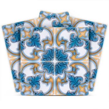 Mi Alma Vintage Blue Orange Tile Stickers - Removable Vinyl 4x4, 24 pcs
