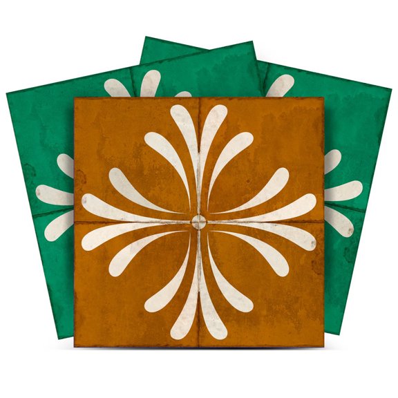 Mi Alma Vintage Flower Green Gold Brown Tile Stickers - Removable Vinyl 4x4, 24 pcs