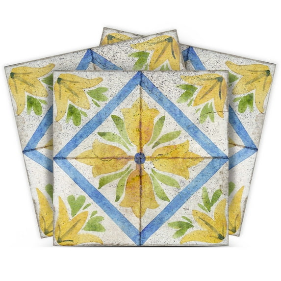 Mi Alma Vintage Flower Light Green Yellow Tile Stickers - Removable Vinyl 4x4, 24 pcs