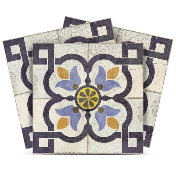 Mi Alma Vinyl Backsplash Decor - Beige/Blue Vintage Floral Peel & Stick Tiles 6x6