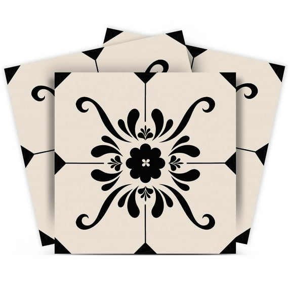 Mi Alma Vinyl Backsplash Decor - Black Off-White Floral Peel & Stick Tiles 6x6