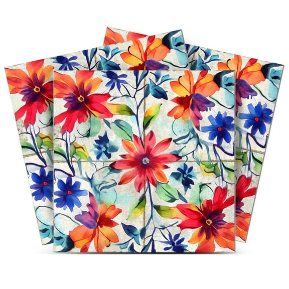Mi Alma Vinyl Backsplash Decor - Blue Orange Floral Peel & Stick Tiles 6x6