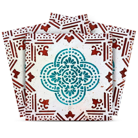 Mi Alma Vinyl Backsplash Decor - Blue Red Vintage Flower Peel & Stick Tiles 6x6