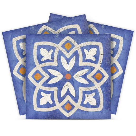 Mi Alma Vinyl Backsplash Decor - Blue White Orange Flower Peel & Stick Tiles 6x6