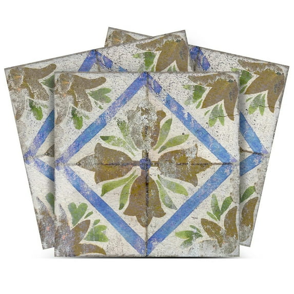Mi Alma Vinyl Backsplash Decor - Brown Blue Vintage Flower Peel & Stick Tiles 6x6