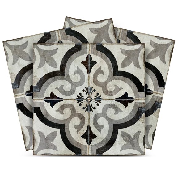 Mi Alma Vinyl Backsplash Decor - Gray/Black Vintage Floral Peel & Stick Tiles 6x6