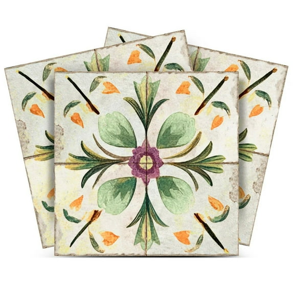 Mi Alma Vinyl Backsplash Decor - Orange Green Floral Peel & Stick Tiles 6x6