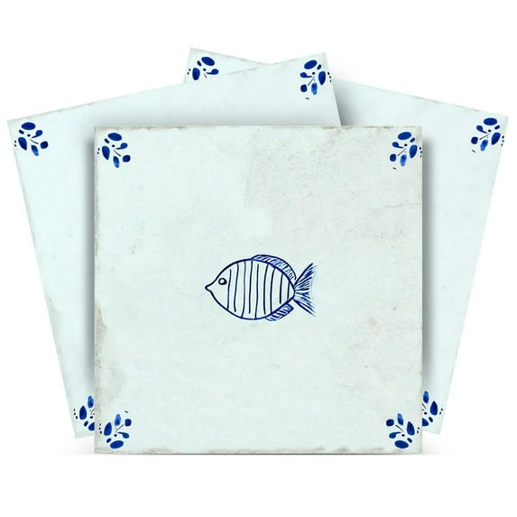 Mi Alma Vinyl Backsplash Decor - Vintage Blue Fish Peel & Stick Tiles 6x6