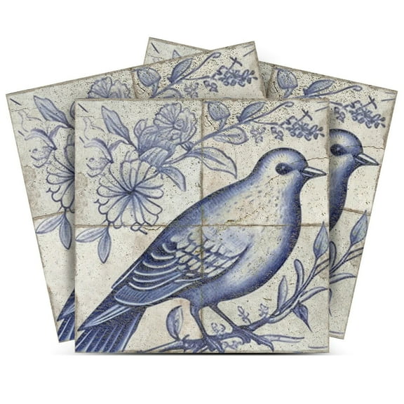 Mi Alma Vinyl Peel and Stick Delft Vintage Bird D24 Backsplash Tile Stickers, Light Blue, 4" x 4" (24-Pack)