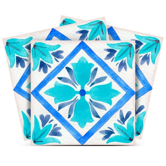 Mi Alma Vinyl Peel and Stick Flower Shaped L04 Backsplash Tile Stickers, Blue, 6" x 6" (24-Pack)