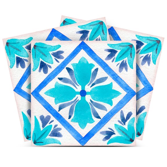 Mi Alma Vinyl Peel and Stick Flower Shaped L04 Backsplash Tile Stickers, Blue, 6" x 6" (24-Pack)
