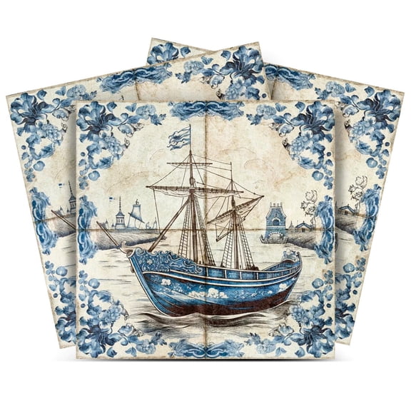 Mi Alma Vinyl Peel and Stick Ship Delft Beautiful Pattern D27 Backsplash Tile Stickers, Light Blue, 6" x 6" (24-Pack)