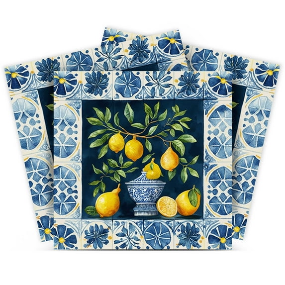 Mi Alma Vinyl Peel and Stick Vintage Sorrento Lemon L21 Backsplash Tile Stickers, Blue Floral/Yellow, 4" x 4" (24-Pack)