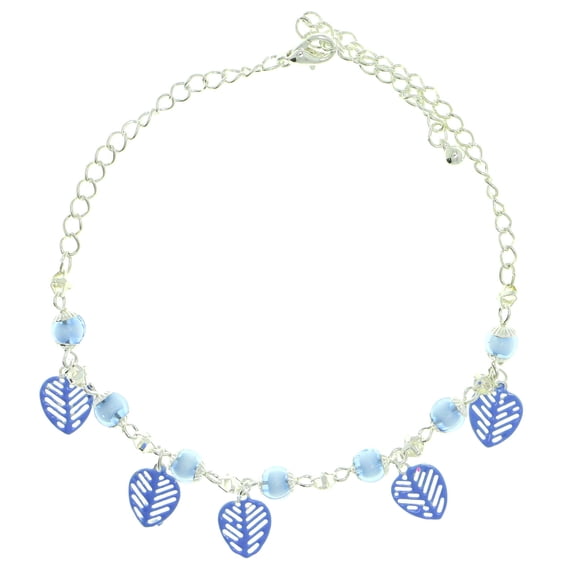 Mi Amore Ankle Bracelet With Blue Leaf Shaped Charms And Bead Accents Silver-Tone