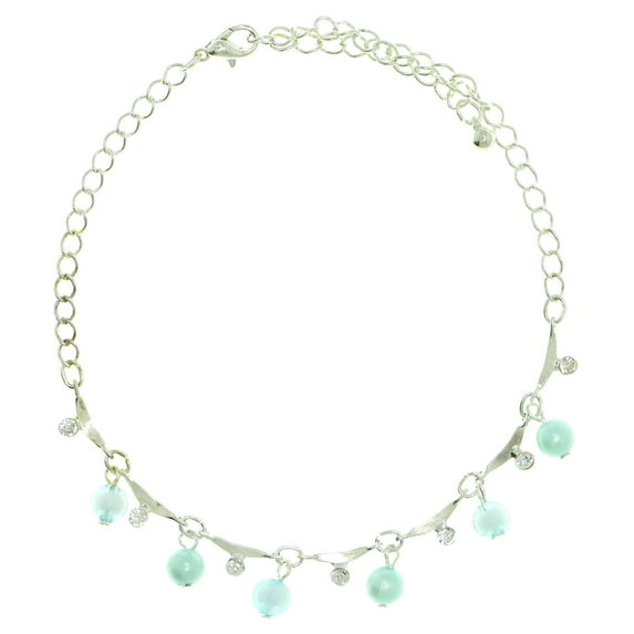 Mi Amore Ankle Bracelet With Light Blue Spherical Beads And Rhinestone Accents Silver-Tone