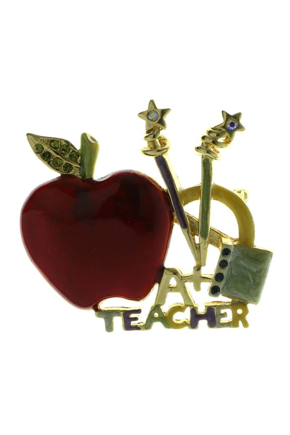 Apple School Supplies Teacher Brooch-Pin Gold-Tone & Red