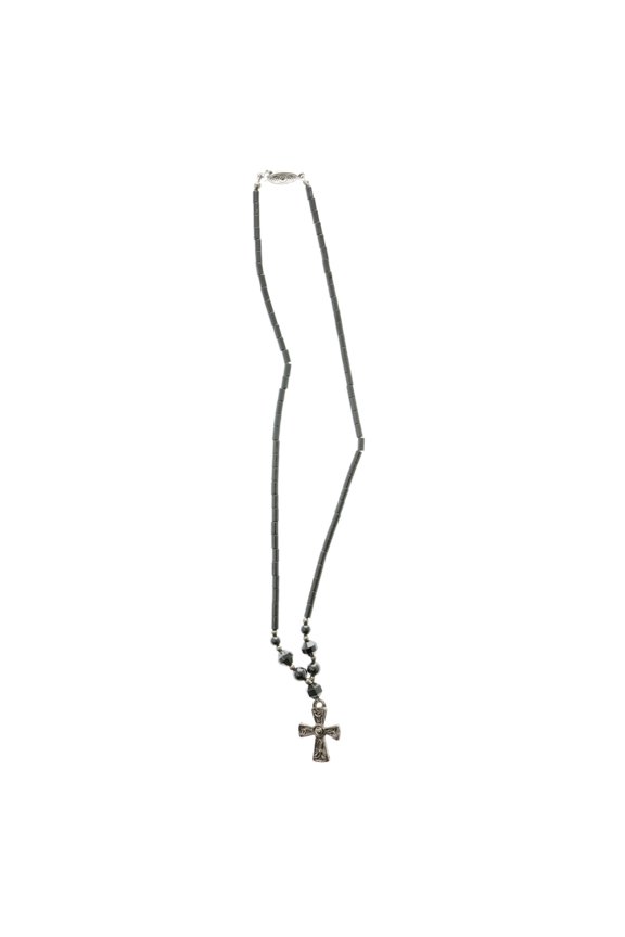 Beaded Hematite Necklace With Silver-Tone Cross Charm HN05