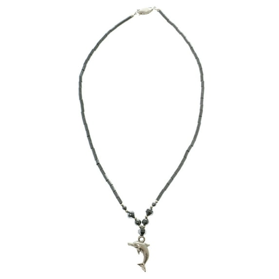 Mi Amore Beaded Hematite Necklace With Silver-Tone Dolphin Charm HN04