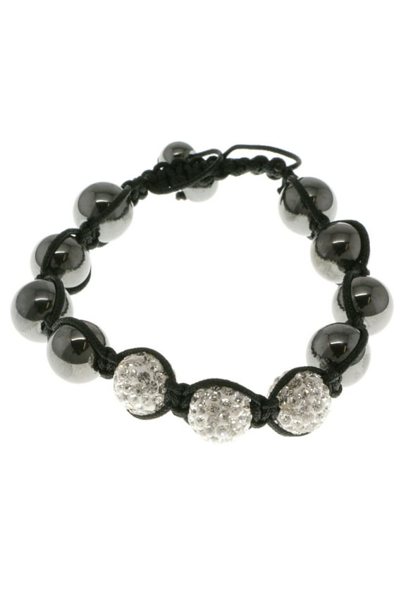 Black adjustable Strap Bracelet with large rhodium and white shamballa beads with rhinestone accents 48B9353
