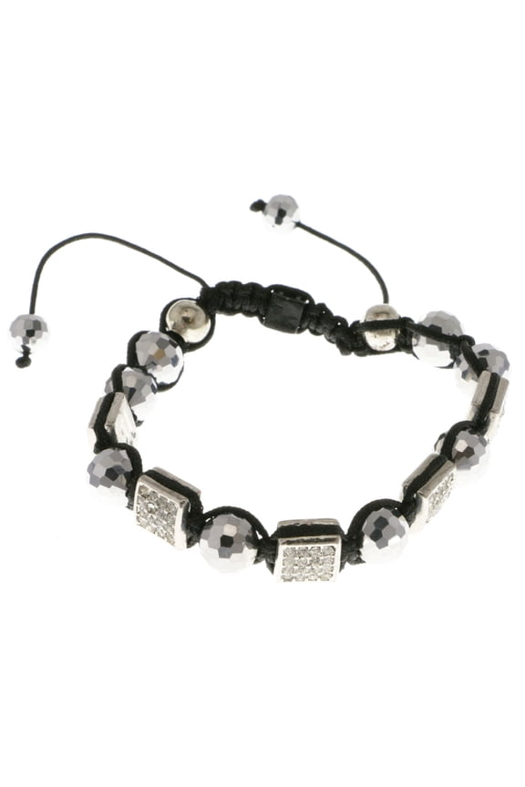 Black adjustable Strap Bracelet with silver-tone shamballa beads and a square shaped bead with rhinestone accen