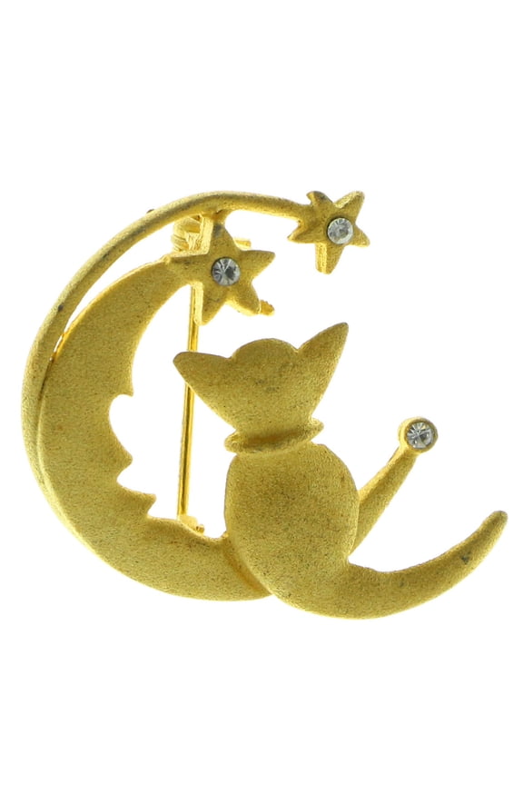 Cat Moon Stars Brooch-Pin Gold-Tone