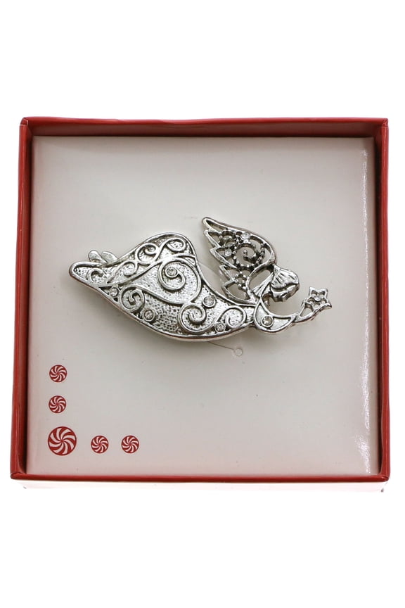 Christmas Flying Angel Star Boxed Brooch-Pin Silver-Tone & Crystals