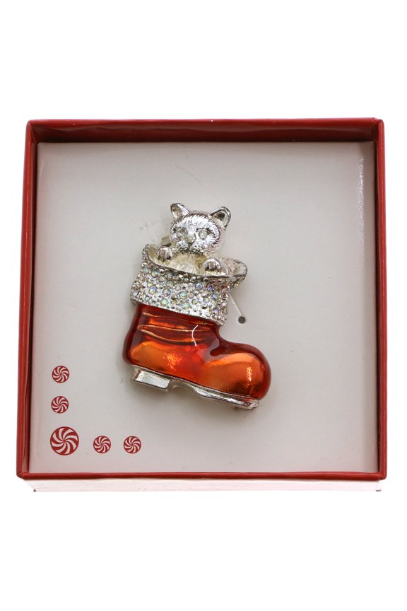 Christmas Holiday Cat Santa Boot Brooch-Pin Silver-Tone/Red