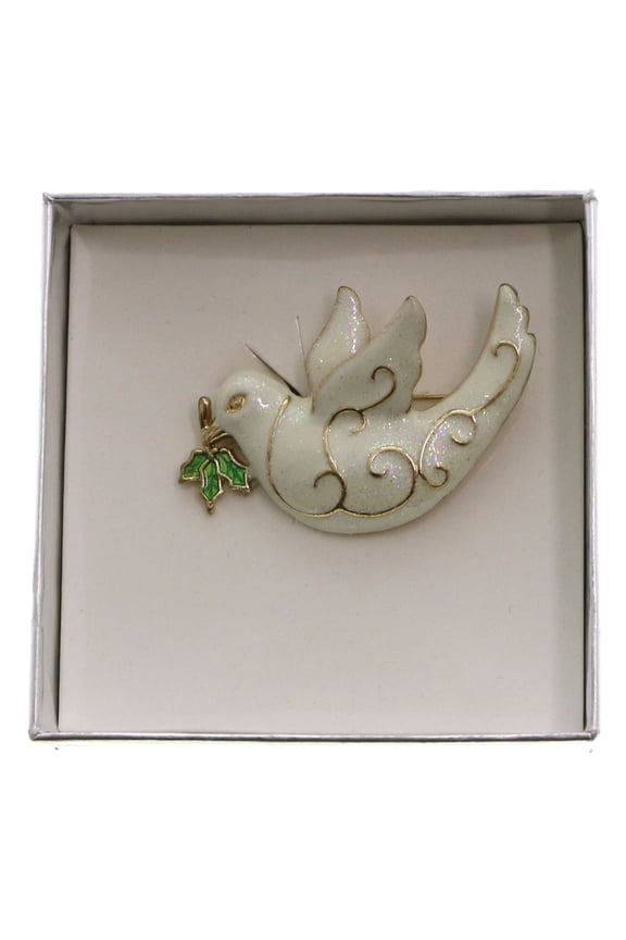 Christmas Holiday Peace Dove Brooch-Pin White & Gold-Tone
