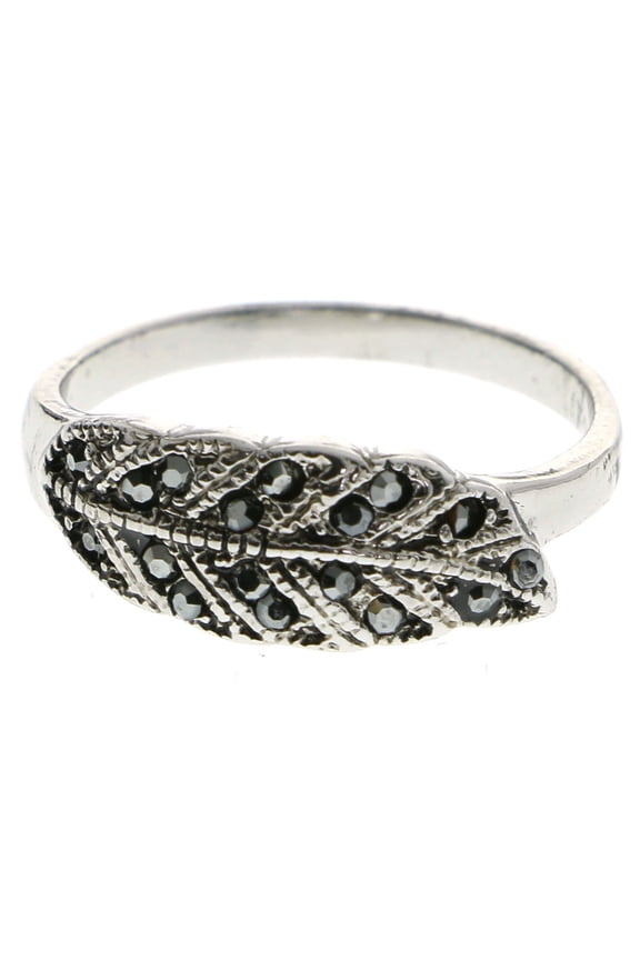 Crystal Leaf Sized-Ring Silver-Tone & Black Size 7.00