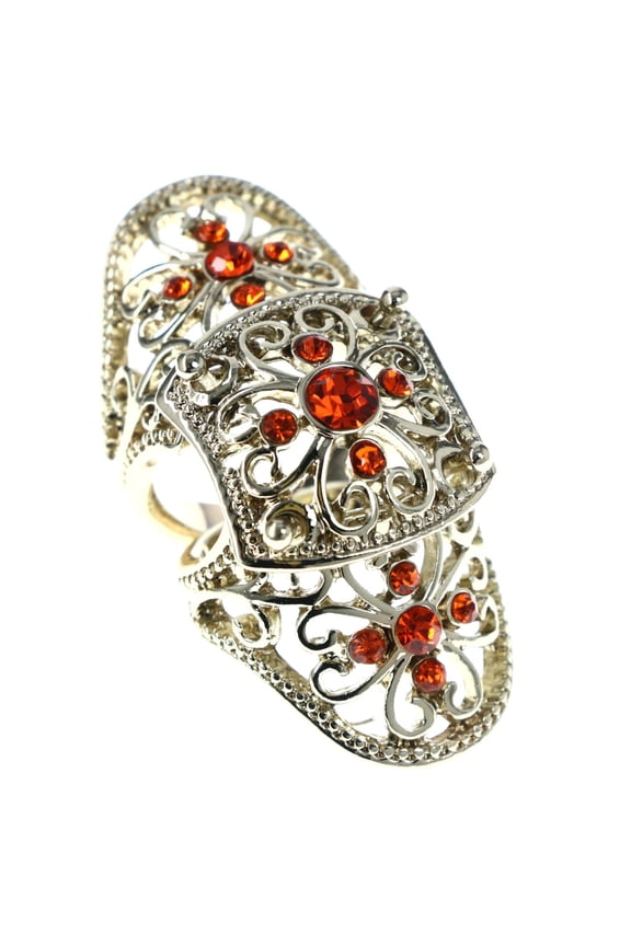 Filigree Finger Armor Adjustable-Ring Gold-Tone & Orange Size: Adjustable