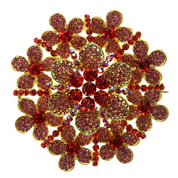 Mi Amore Flower AB Finish Brooch-Pin Red & Gold-Tone