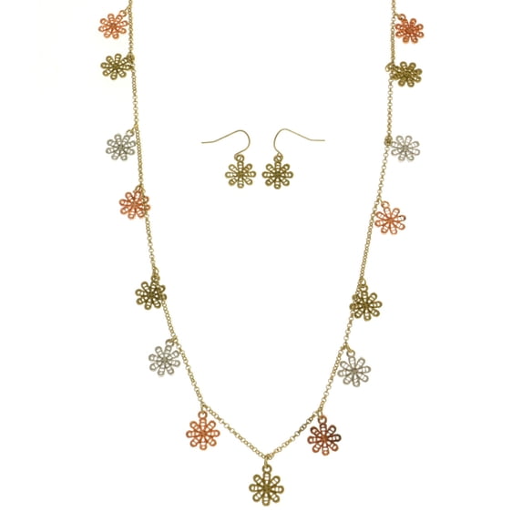 Mi Amore Flower Adjustable Necklace-Earring-Set Multicolor & Gold-Tone
