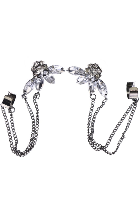 Flower Double Ear Cuff Stud-Earrings Silver-Tone & Black