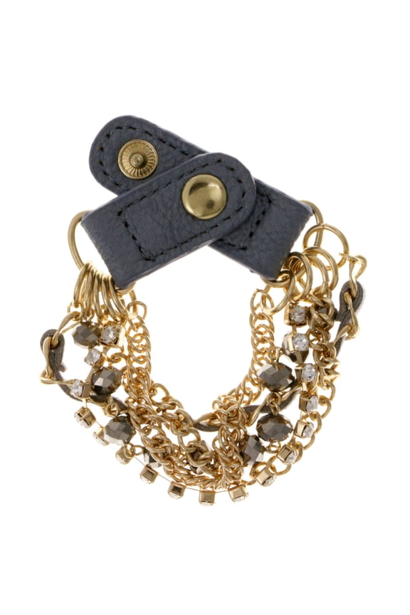 Gold-Tone Chain Link Multi-Strand Bracelet With Rhinestone Accents And GrayFaux Leather Strap With Snap Closure