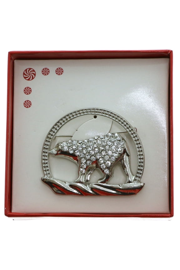 Grizzly Black Polar Bear Boxed Brooch-Pin Silver-Tone/Clear Crystals