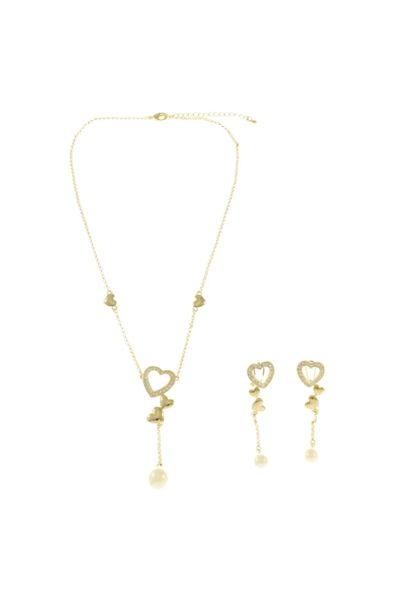 Hearts Adjustable Necklace-Earring-Set Gold-Tone & White