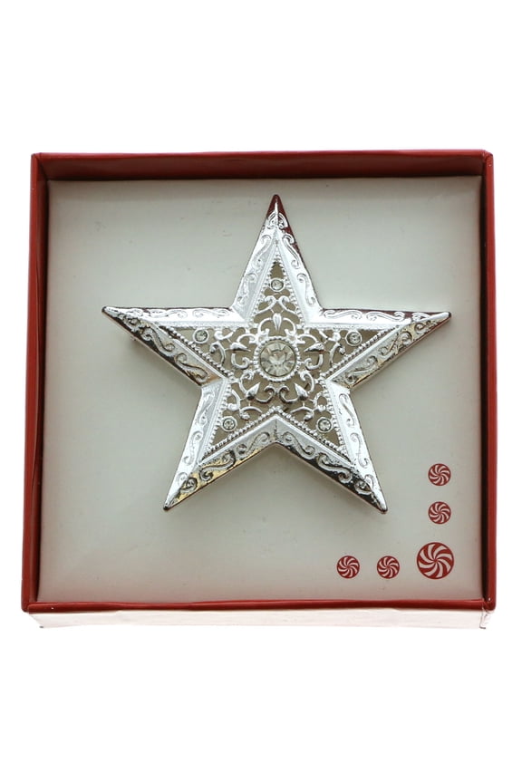 Intricately Designed Star Brooch-Pin with Crystals Silver-Tone/White