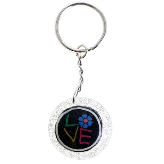 Mi Amore Love Flower Split-Ring-Keychain Black & Silver-Tone