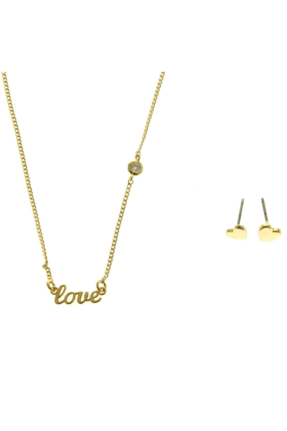 Love Heart Adjustable Necklace-Earring-Set Gold-Tone