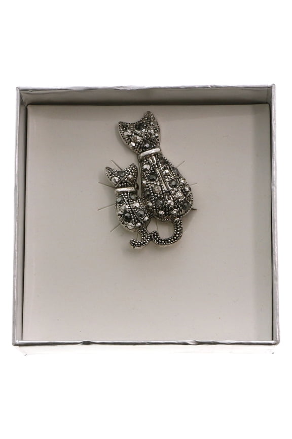 Mother Cat & Kitten Boxed Brooch-Pin Silver-Tone & Clear