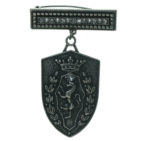 Mi Amore Ornate Silver-Tone Shield Shaped Brooch Pin with Rhinestone Accents