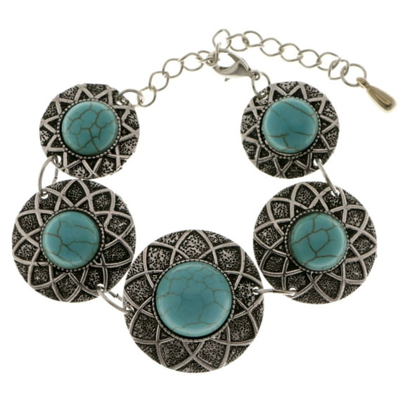 Mi Amore Silver-tone circle shaped link bracelet with turquoise colored, circle shaped stone accents HEB09