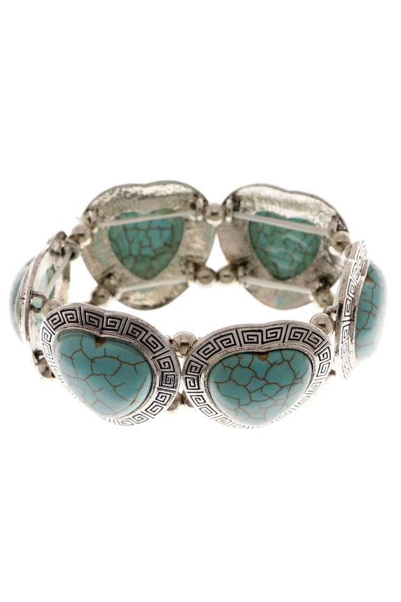 Silver-tone heart shaped Stretch Bracelet with turquoise colored, heart shaped stone accents HEB04