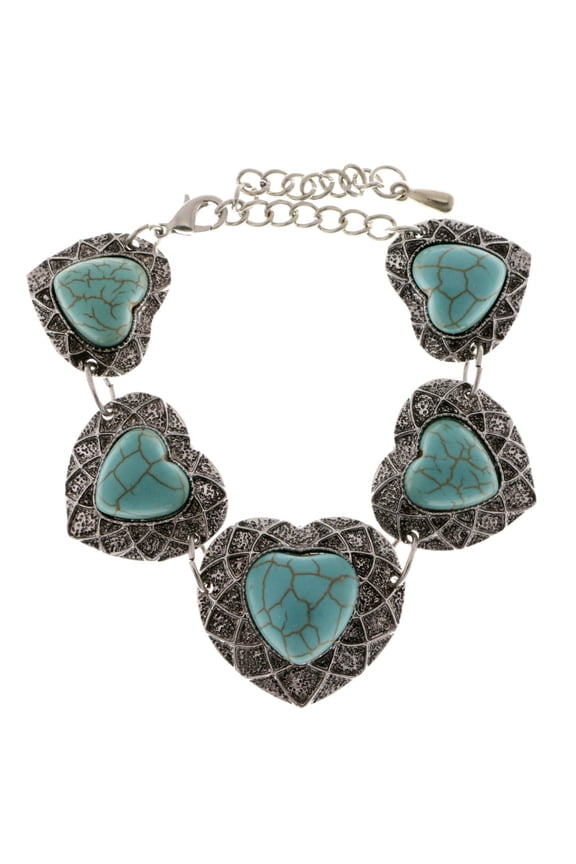 Silver-tone heart shaped link Fashion-Bracelet with turquoise colored, heart shaped stone accents HEB011