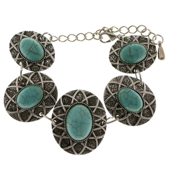 Mi Amore Silver-tone oval shaped link bracelet with turquoise colored, oval shaped stone accents HEB08