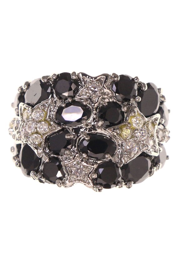 Star Crystal Sized-Ring Silver-Tone & Black Size 7.00