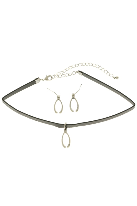 Wishbone Necklace-Earring-Set Black/Silver-Tone