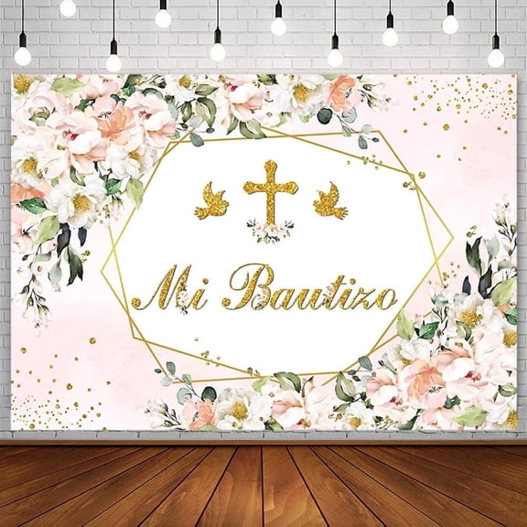 Mi Bautizo Backdrop Baptism Party Decorations Supplies God Bless First Holy Communion Banner White Pink Floral Gold Cross Christening Baby Shower Photography Background Photo Studio Props