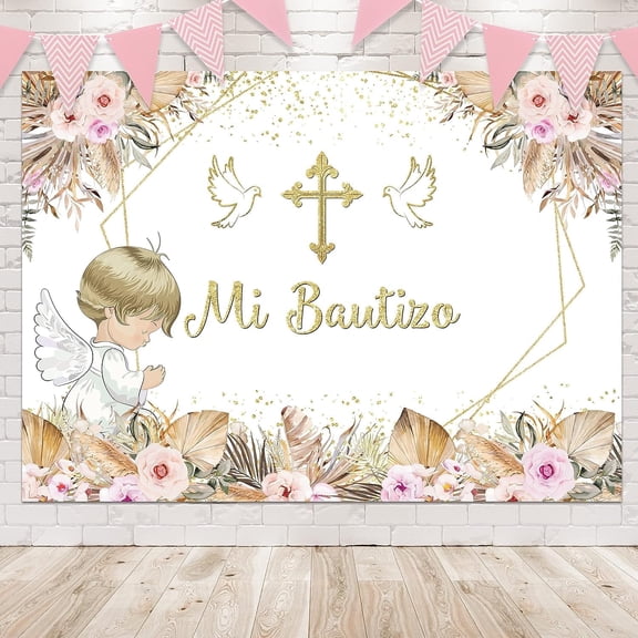 Mi Bautizo Backdrop Boho Baptism God Bless First Holy Communion Christening Party Decorations for Girl Angel Pink Floral Background Pampas Grass Baby Shower Banner