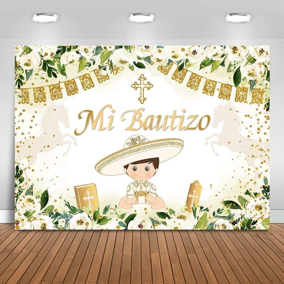 Mi Bautizo Backdrop Boy Baptism Gold Dots Baby Shower Background White Floral First Holy Communion Christening Party Decorations Banner Photo Studio Props